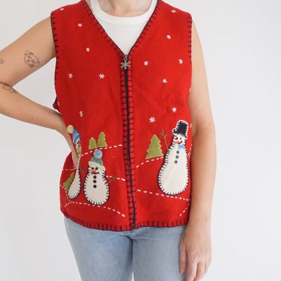 Vintage Coldwater Creek Snowman Vest Red Knit Christmas Sweater Festive XL - Picture 1 of 7